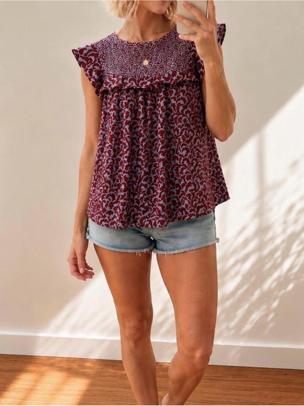 LOFT Burgundy Floral Flutter Sleeve Top
